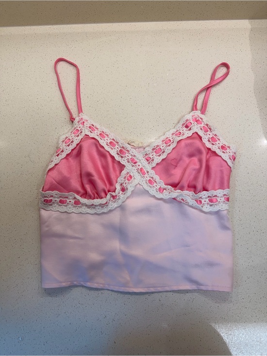 Betsey Johnson Tops - Betsey Johnson Pink Satin & Lace Crop Cami